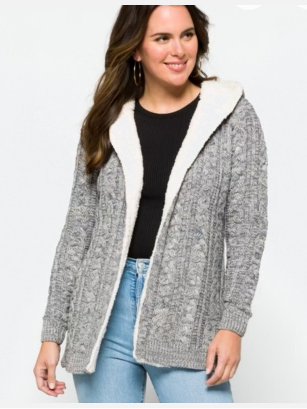 Lety & Me Nola Sherpa Trim Cardigan- L